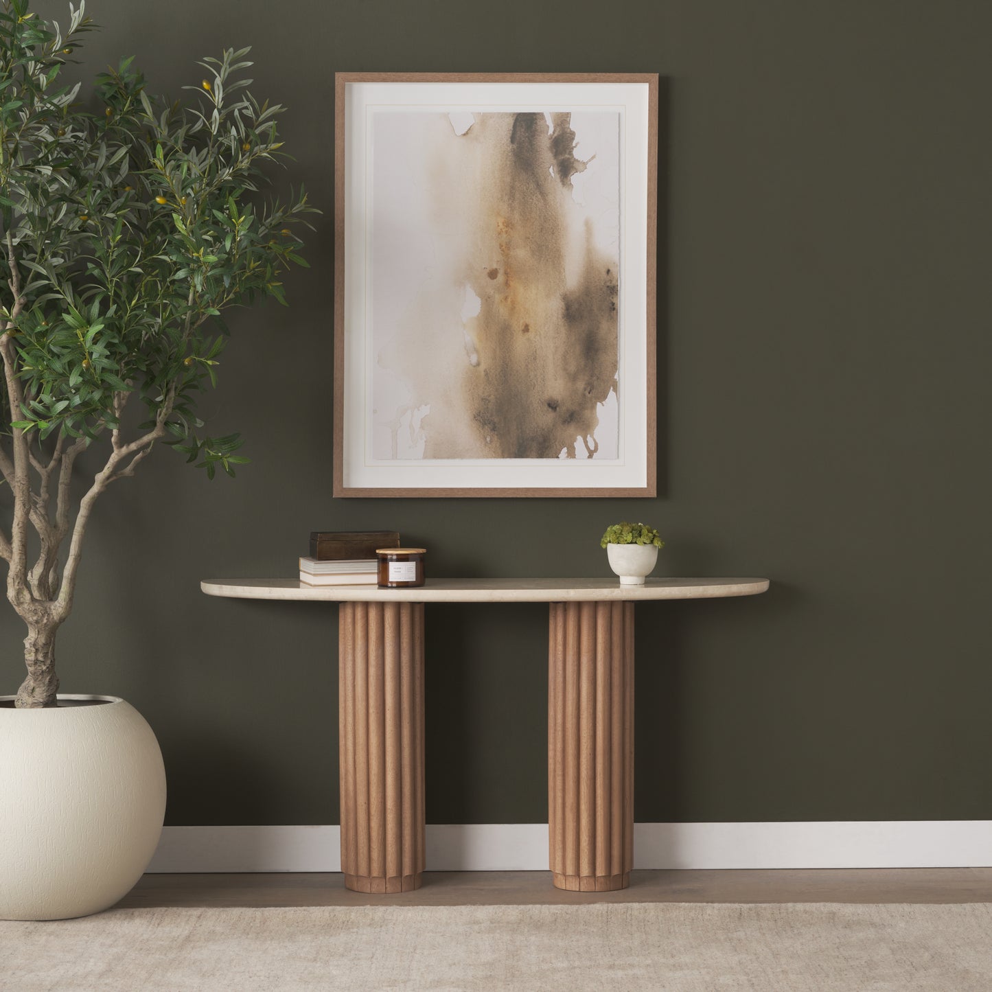 Marbrello Botticino Marble Top Light Brown Fluted Wood Console