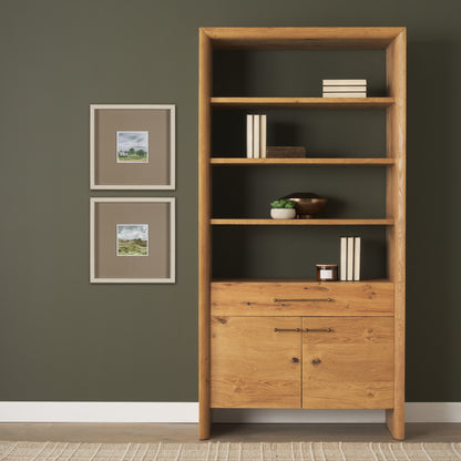 Belford 2‑Door Light Brown Oak Wood Shelving Unit