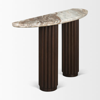 Marbrello Dark Brown Fluted Wood Console Table with Marble Top