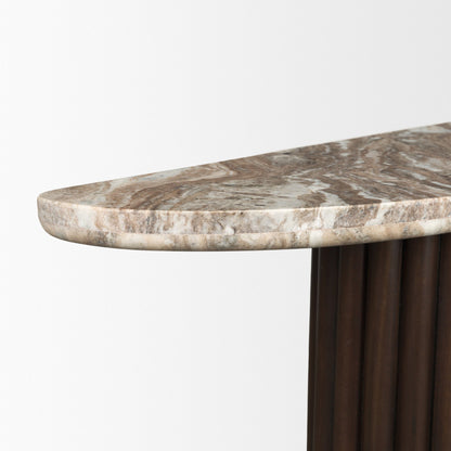 Marbrello Dark Brown Fluted Wood Console Table with Marble Top