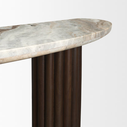Marbrello Dark Brown Fluted Wood Console Table with Marble Top