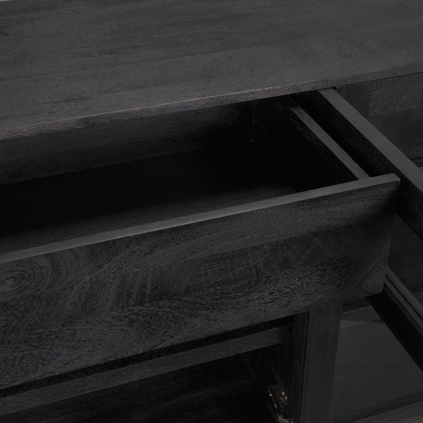 Suri Black Wood 4‑Door Sideboard with Glass Panels