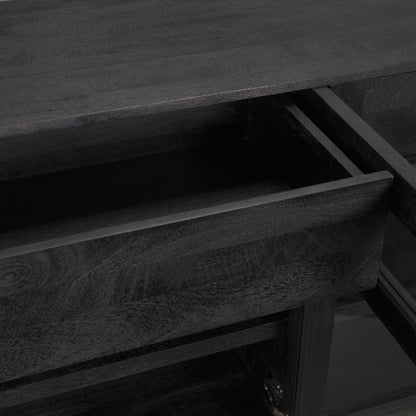 Suri Black Wood 4‑Door Sideboard with Glass Panels