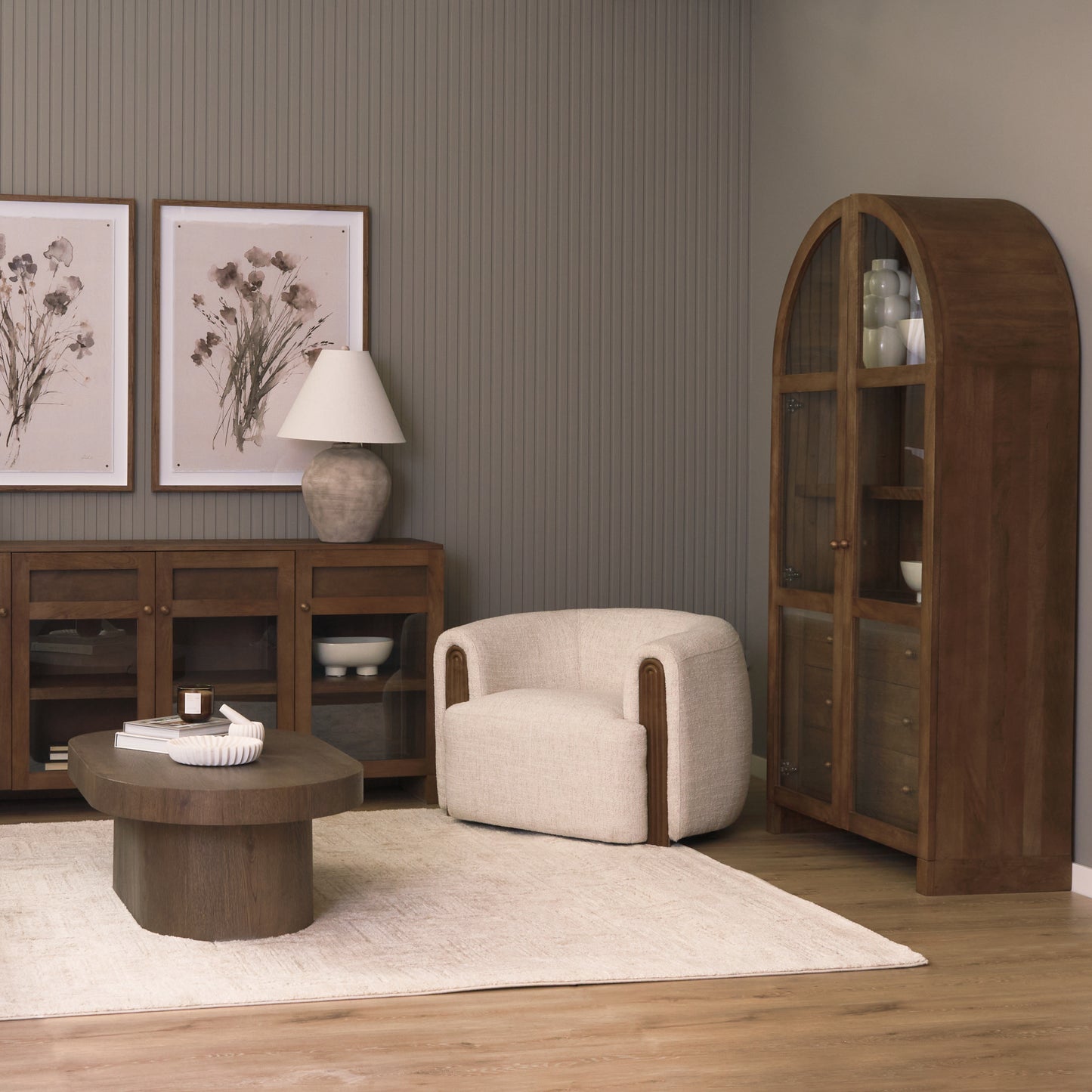 Kornelia Soft Oatmeal Fabric Barrel Accent Chair