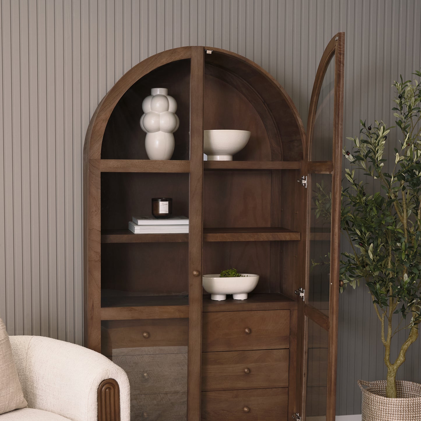 Suri Mid Brown Wood Arched Glass Door Curio Cabinet