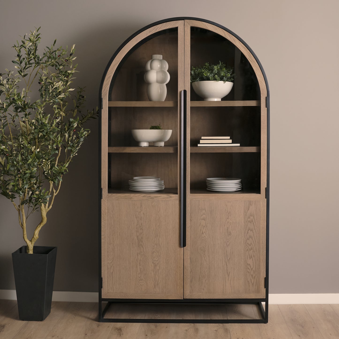 Sloan Light Brown Wood Black Metal Arched Cabinet