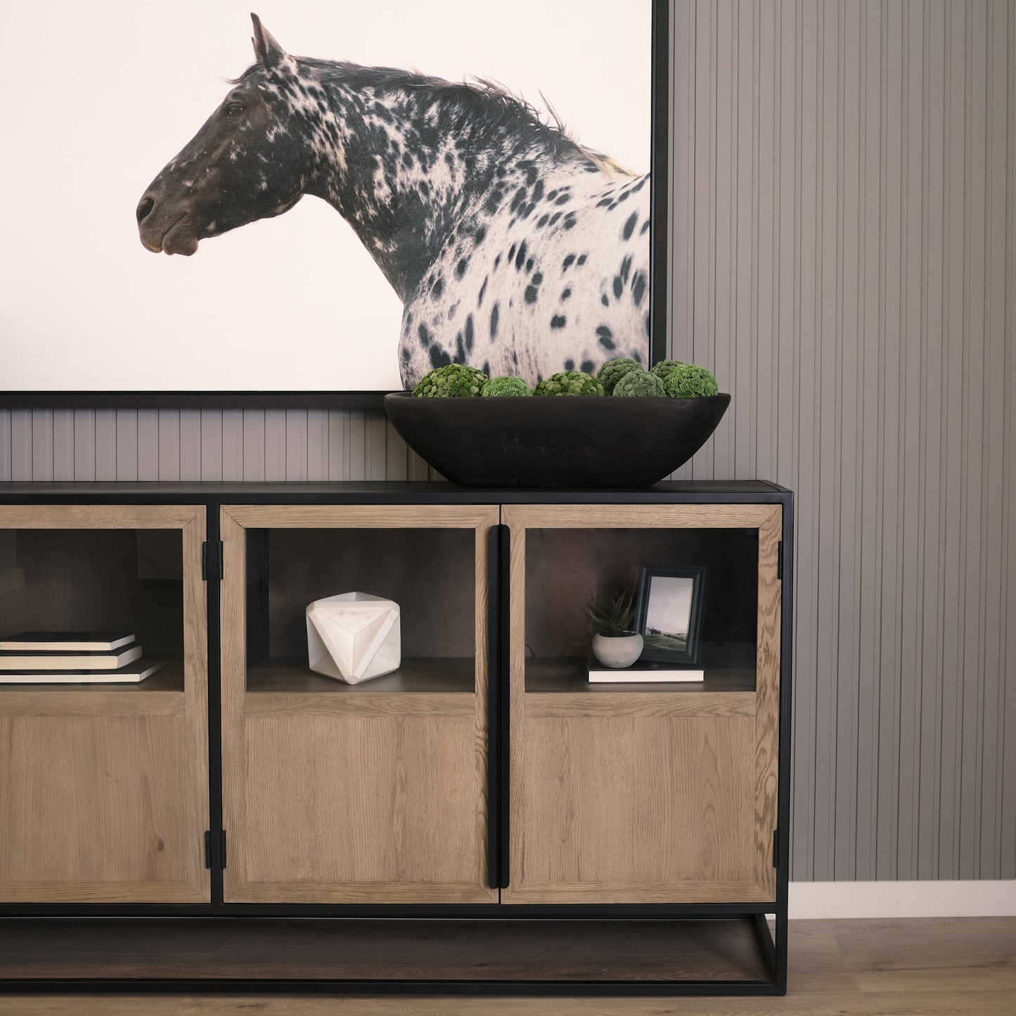 Sloan 80 Inch Light Brown Wood and Black Metal Sideboard