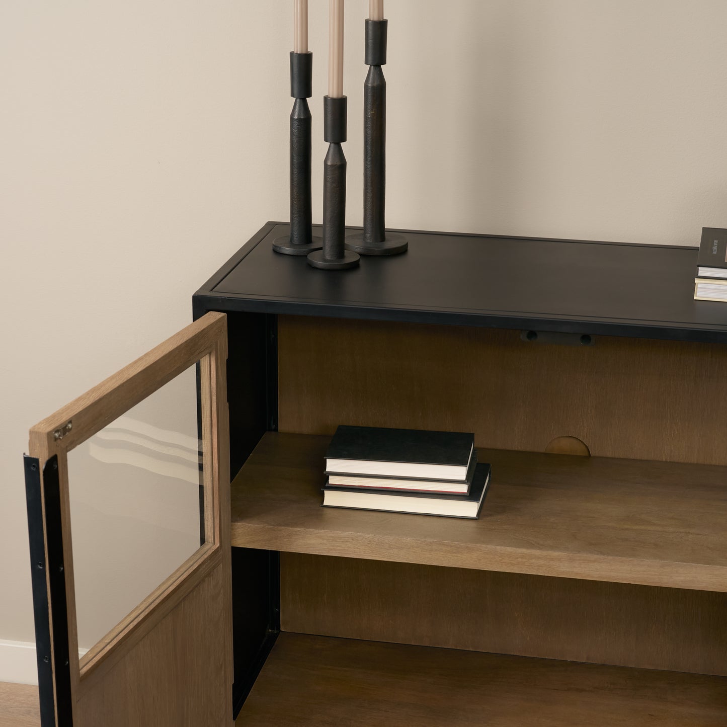 Sloan Light Brown Wood Accent Cabinet with Black Metal Frame