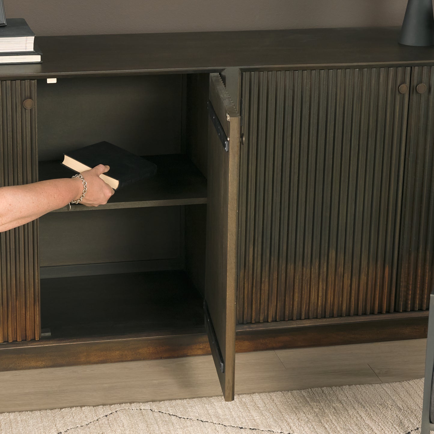 Cinder Distressed Dark Brown Wood Reeded 4‑Door Sideboard