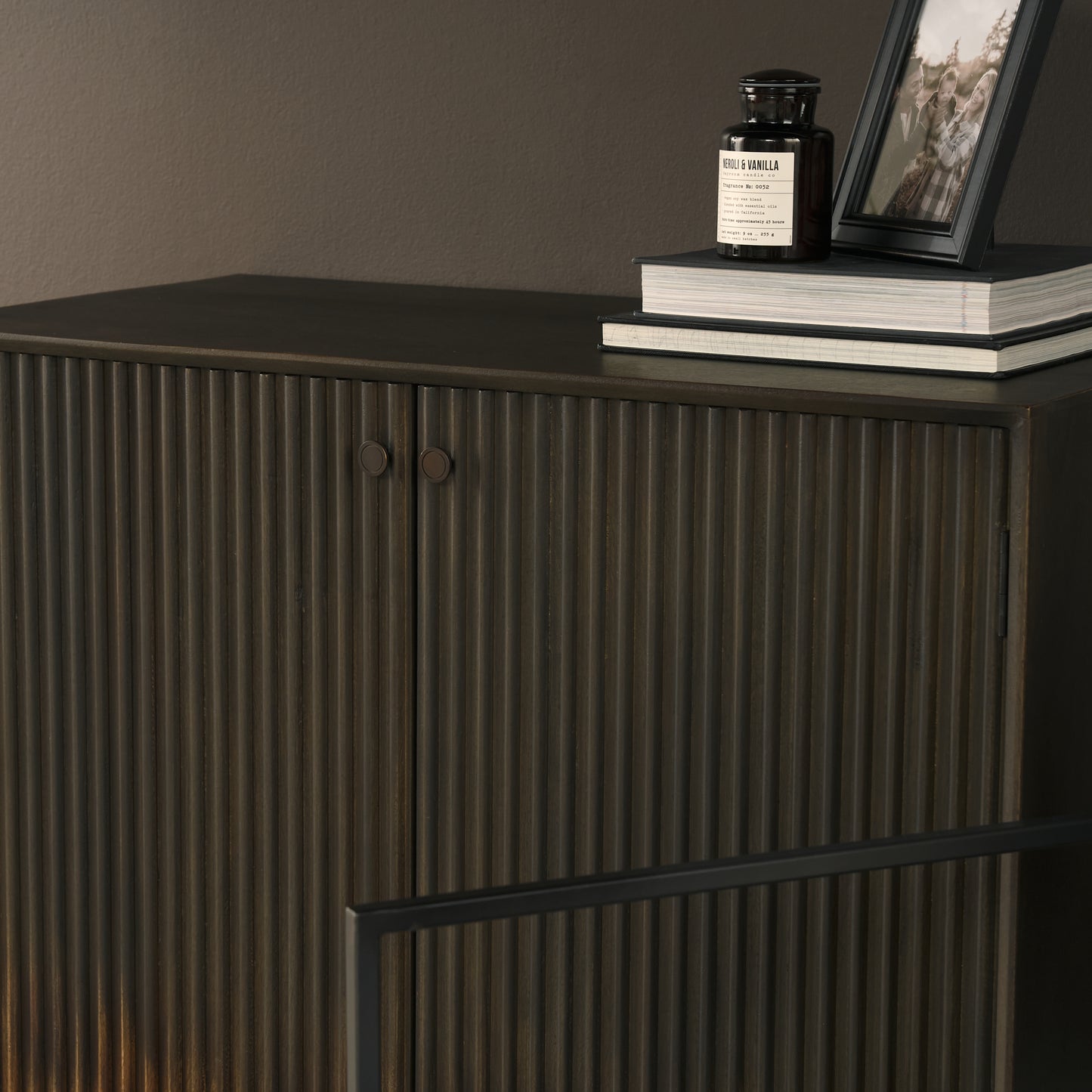 Cinder Distressed Dark Brown Wood Reeded 2‑Door Accent Cabinet