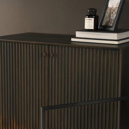 Cinder Distressed Dark Brown Wood Reeded 2‑Door Accent Cabinet
