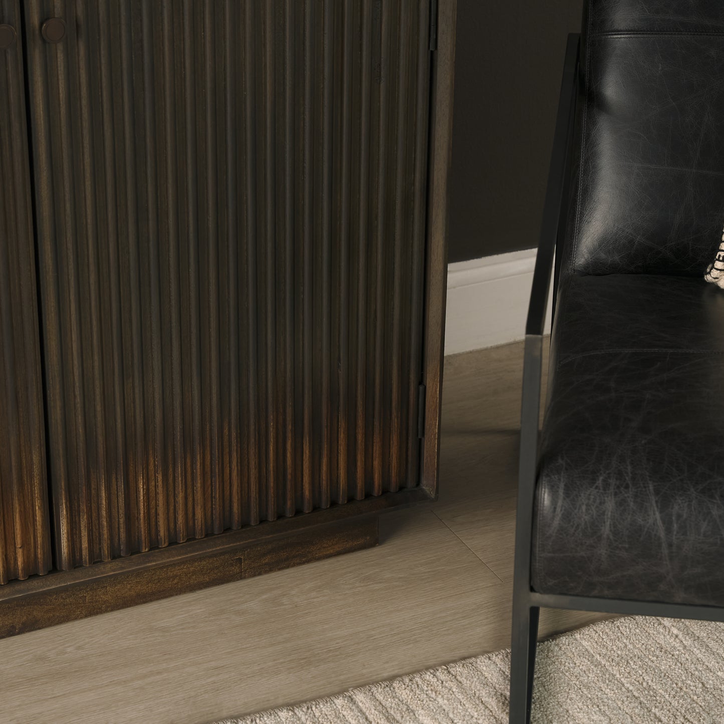 Cinder Distressed Dark Brown Wood Reeded 2‑Door Accent Cabinet