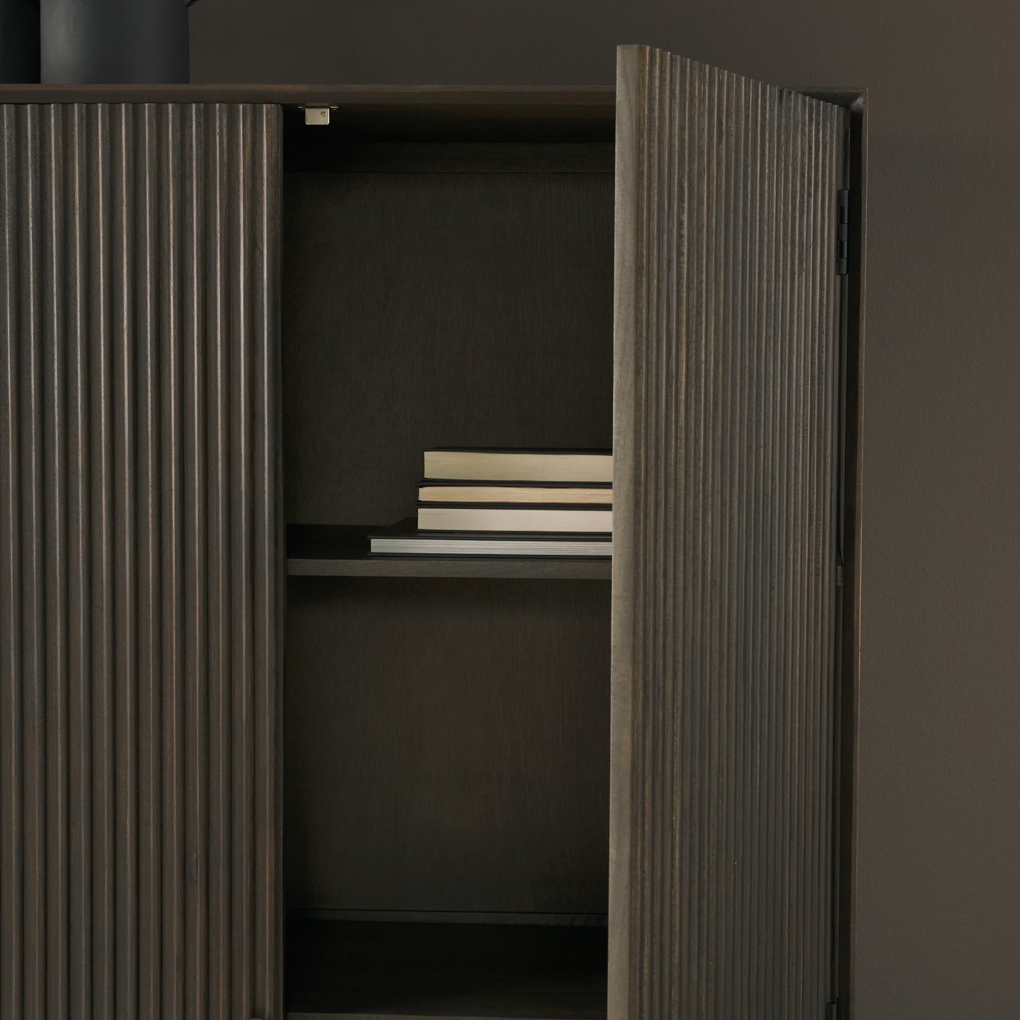 Cinder Distressed Dark Brown Wood Reeded 2‑Door Tall Cabinet