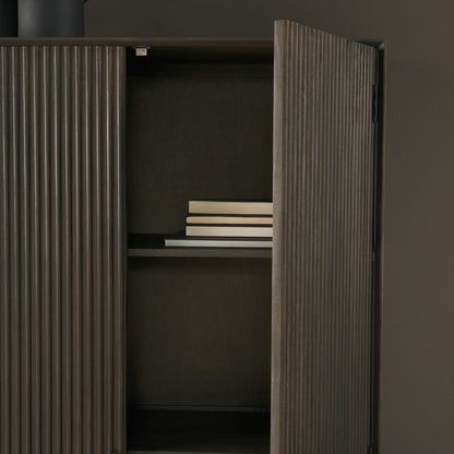 Cinder Distressed Dark Brown Wood Reeded 2‑Door Tall Cabinet