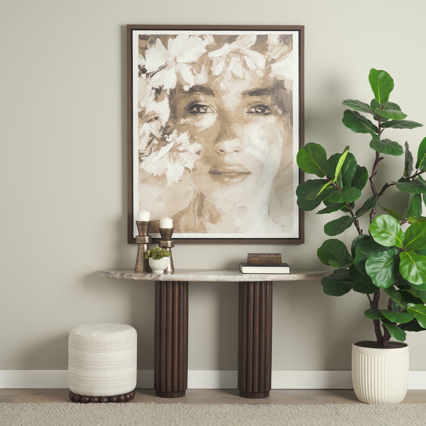 Marbrello Dark Brown Fluted Wood Console Table with Marble Top