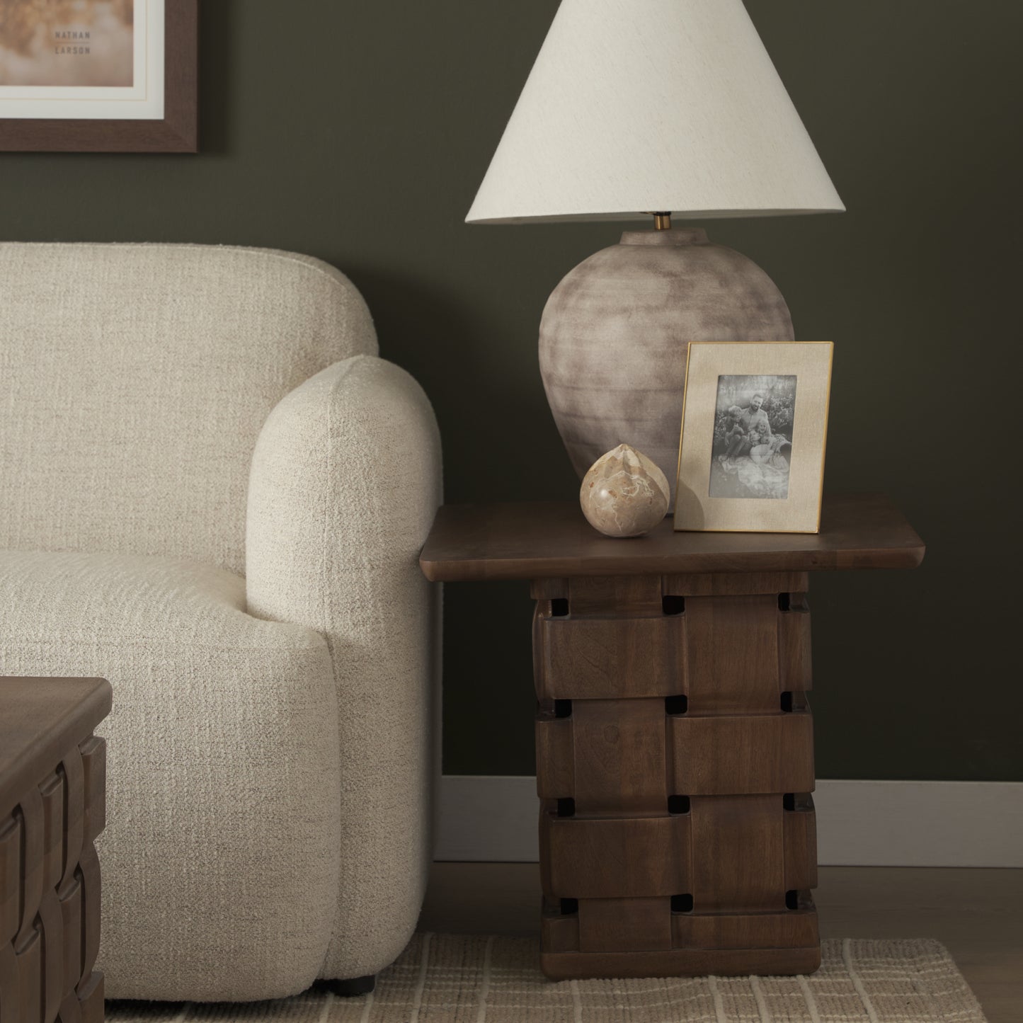 Trellyn Dark Brown Wood Carved Base Square Accent Table