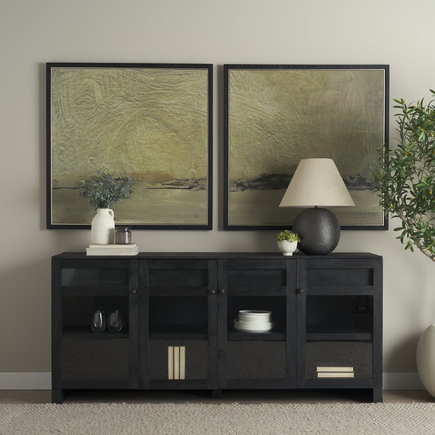 Suri Black Wood 4‑Door Sideboard with Glass Panels