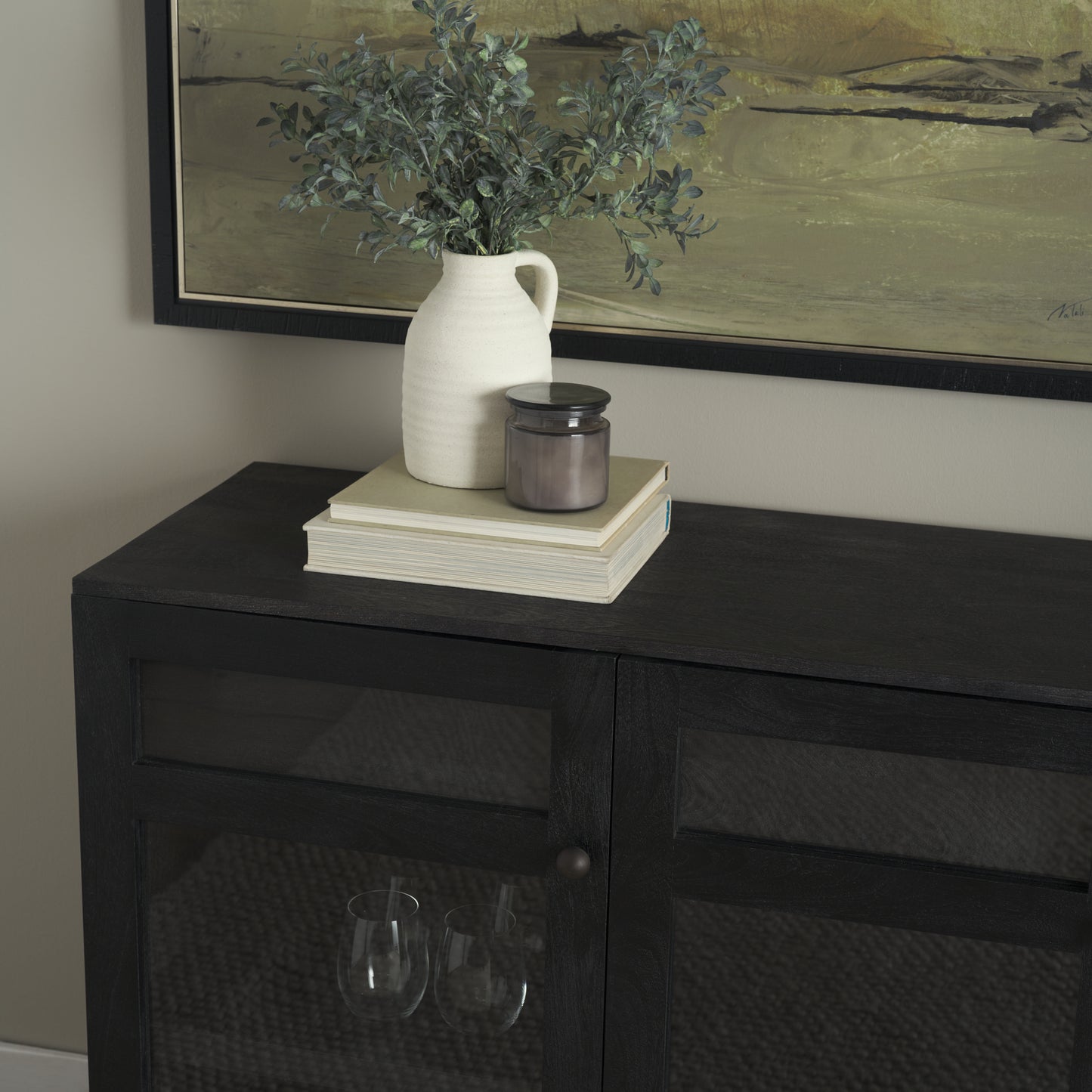 Suri Black Wood 4‑Door Sideboard with Glass Panels