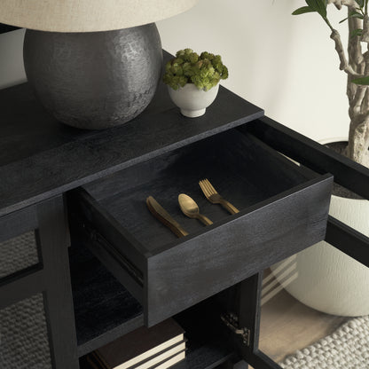 Suri Black Wood 4‑Door Sideboard with Glass Panels