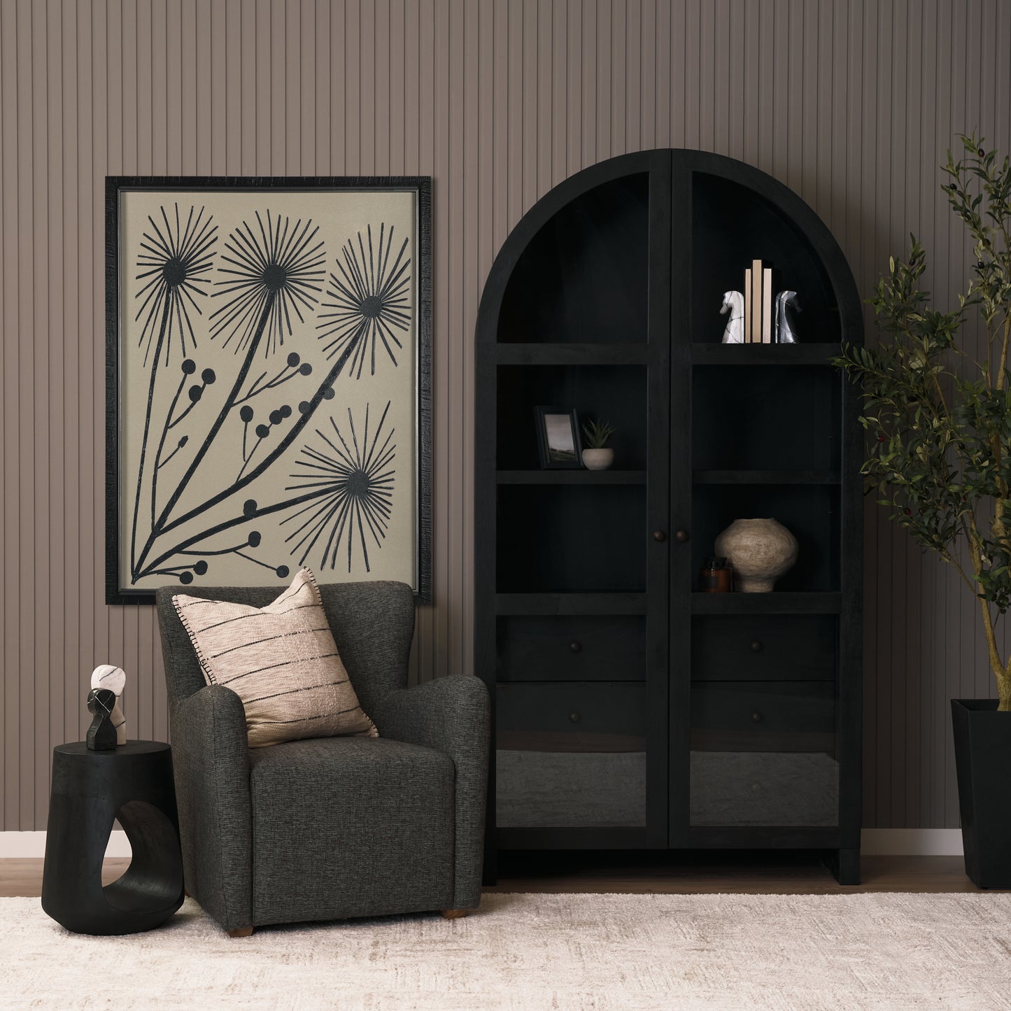 Suri Black Wood Arched Curio Cabinet with Glass Doors
