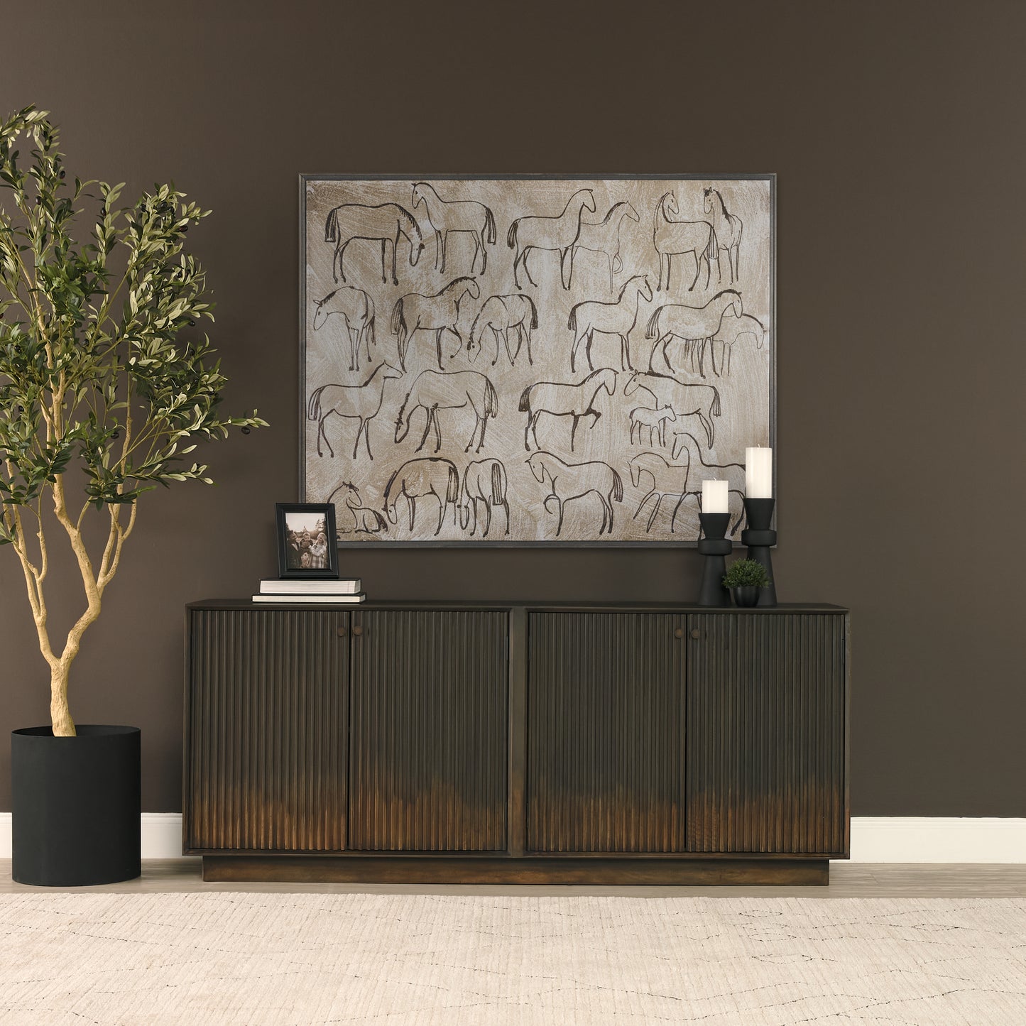 Cinder Distressed Dark Brown Wood Reeded 4‑Door Sideboard