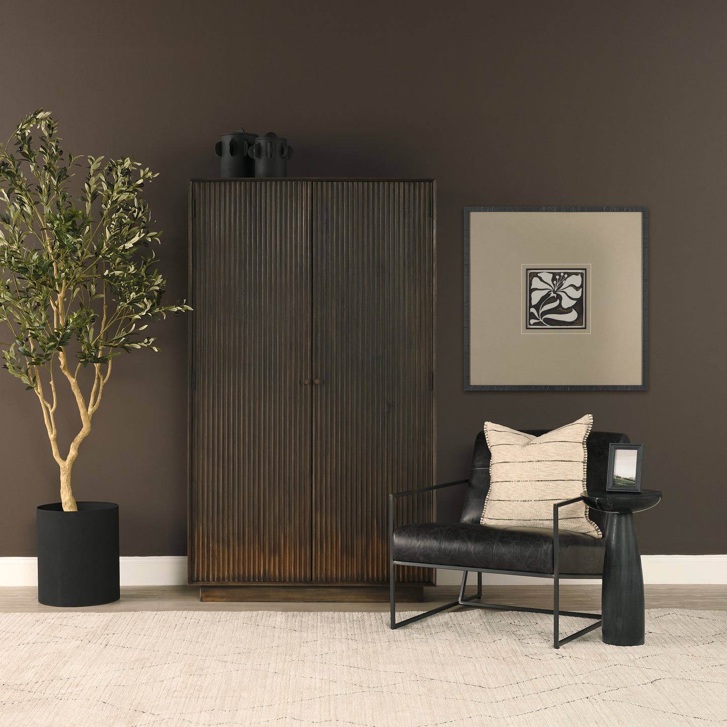 Cinder Distressed Dark Brown Wood Reeded 2‑Door Tall Cabinet