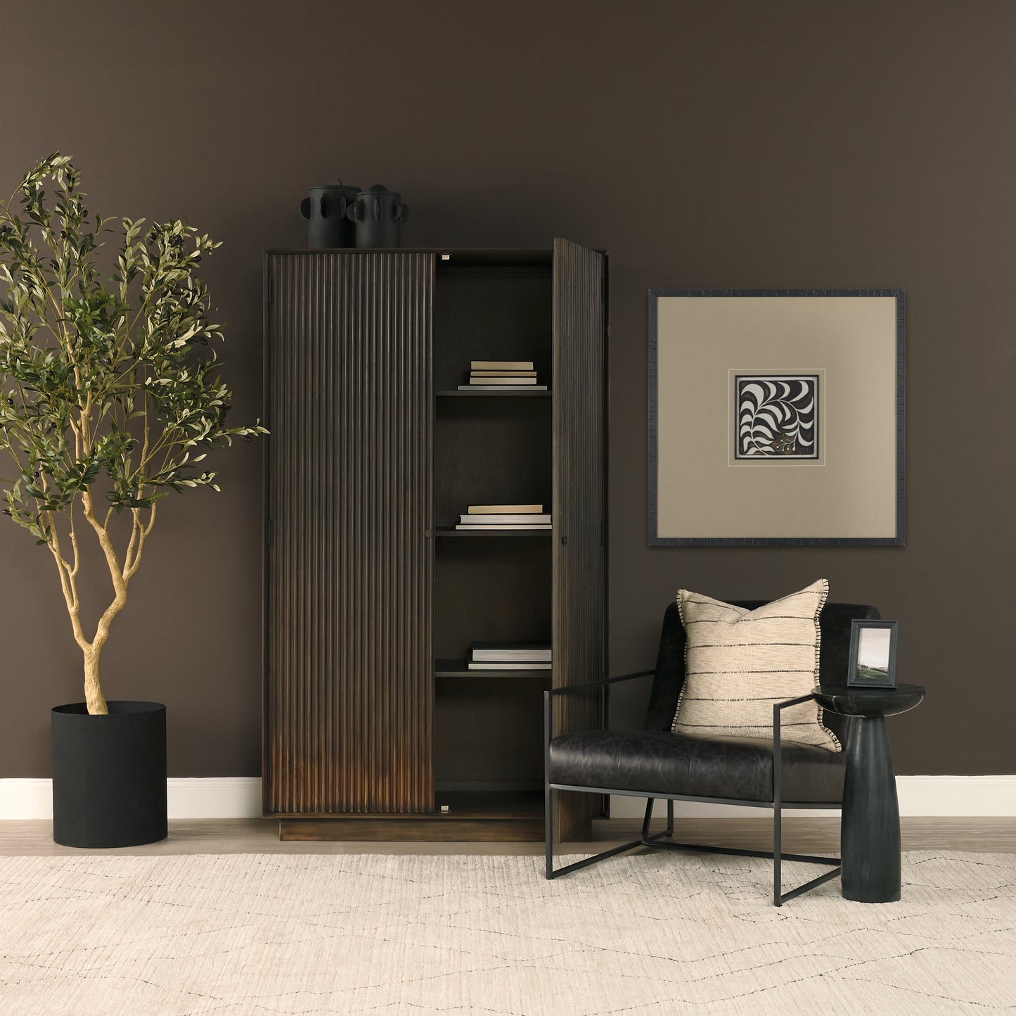 Cinder Distressed Dark Brown Wood Reeded 2‑Door Tall Cabinet