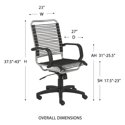 Bradley High Back Bungie Office Chair in Black with Aluminum Frame and Black Base