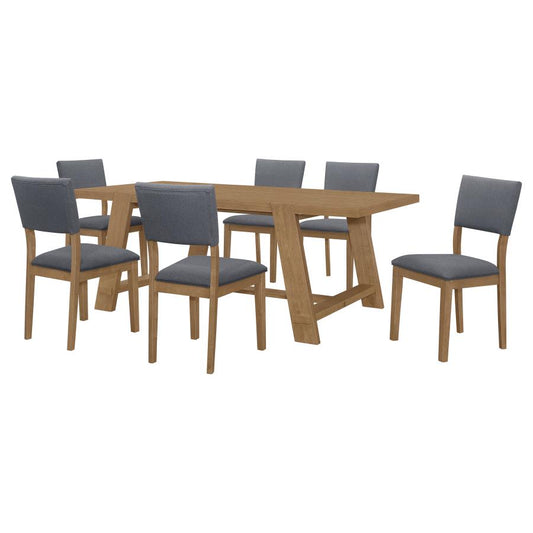 Sharon 7-Piece Dining Set – Blue & Brown Rectangular Trestle Table for Stylish Dining Spaces