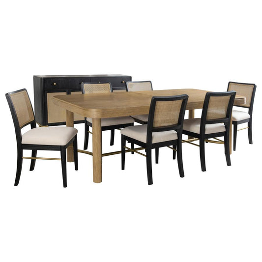 Arini 7-Piece Extension Leaf Dining Table Set – Sand Wash Finish with Black Chairs for Modern Rustic Dining