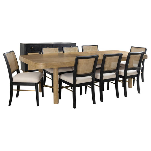 Arini 9-Piece Extension Leaf Dining Table Set – Sand Wash Finish with Black Chairs for Spacious Modern Dining