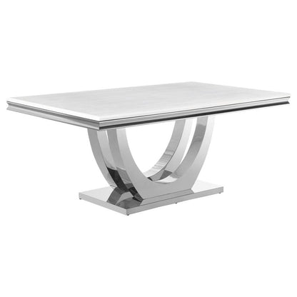 Kerwin Rectangle Dining Table – White Faux Marble Top & Chrome Base for Modern Luxe Style