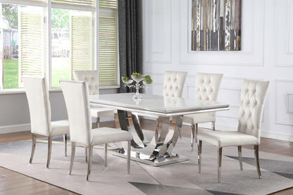 Kerwin Rectangle Dining Table – White Faux Marble Top & Chrome Base for Modern Luxe Style