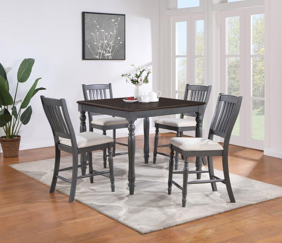 Wiley 5-Piece Counter Height Dining Set – Beige & Grey Square Table with Elegant Spindle Legs