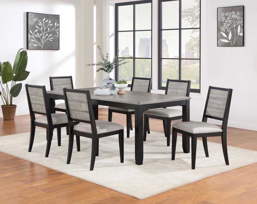 Elodie 7-Piece Dining Set – Grey & Black Table with Extension Leaf for Elegant Versatility