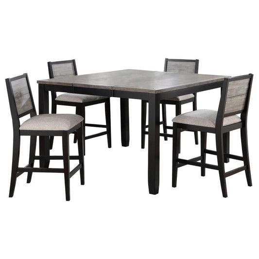 Elodie 5-Piece Counter Height Dining Set – Grey & Black Table with Extension Leaf for Modern Versatility