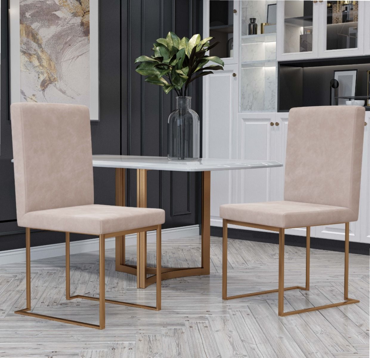 Modrest Fowler - Modern Beige and Brass Velvet Dining Chair Set of 2