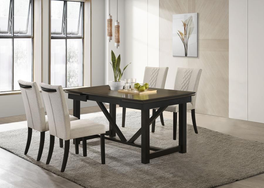 Malia 5-Piece Dining Set – Beige & Black Rectangular Table with Refractory Extension Leaf for Stylish Versatility