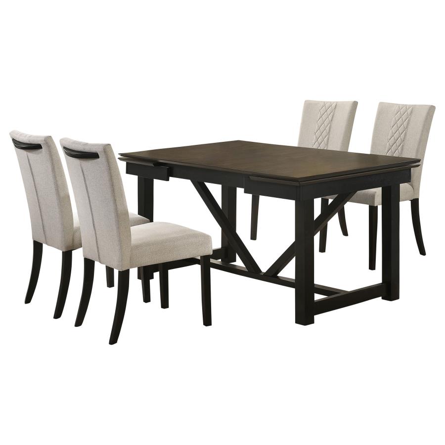 Malia 5-Piece Dining Set – Beige & Black Rectangular Table with Refractory Extension Leaf for Stylish Versatility