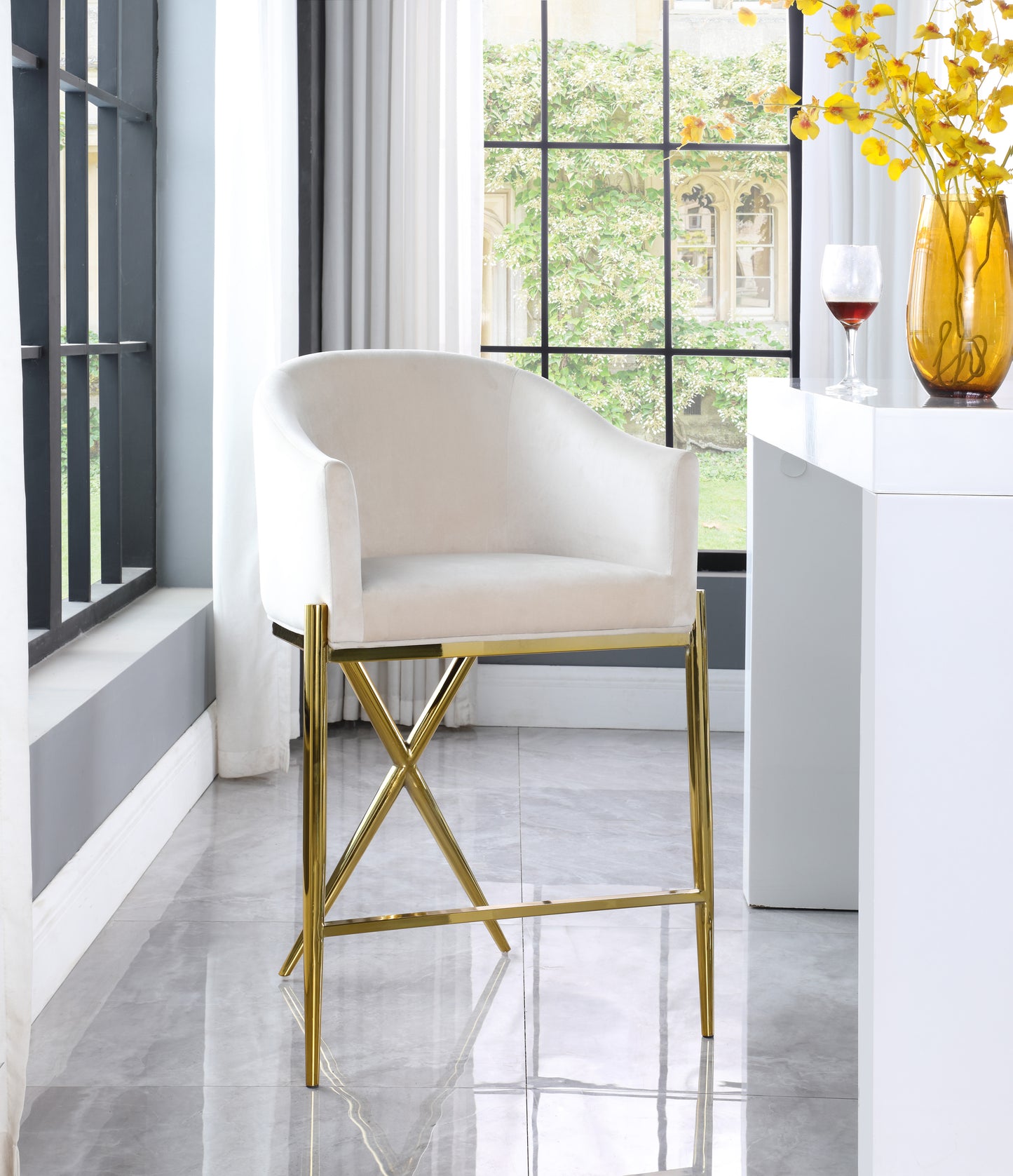 Xavier Velvet Upholstered Counter Stool – Elegant Bar Stool for Kitchen Islands