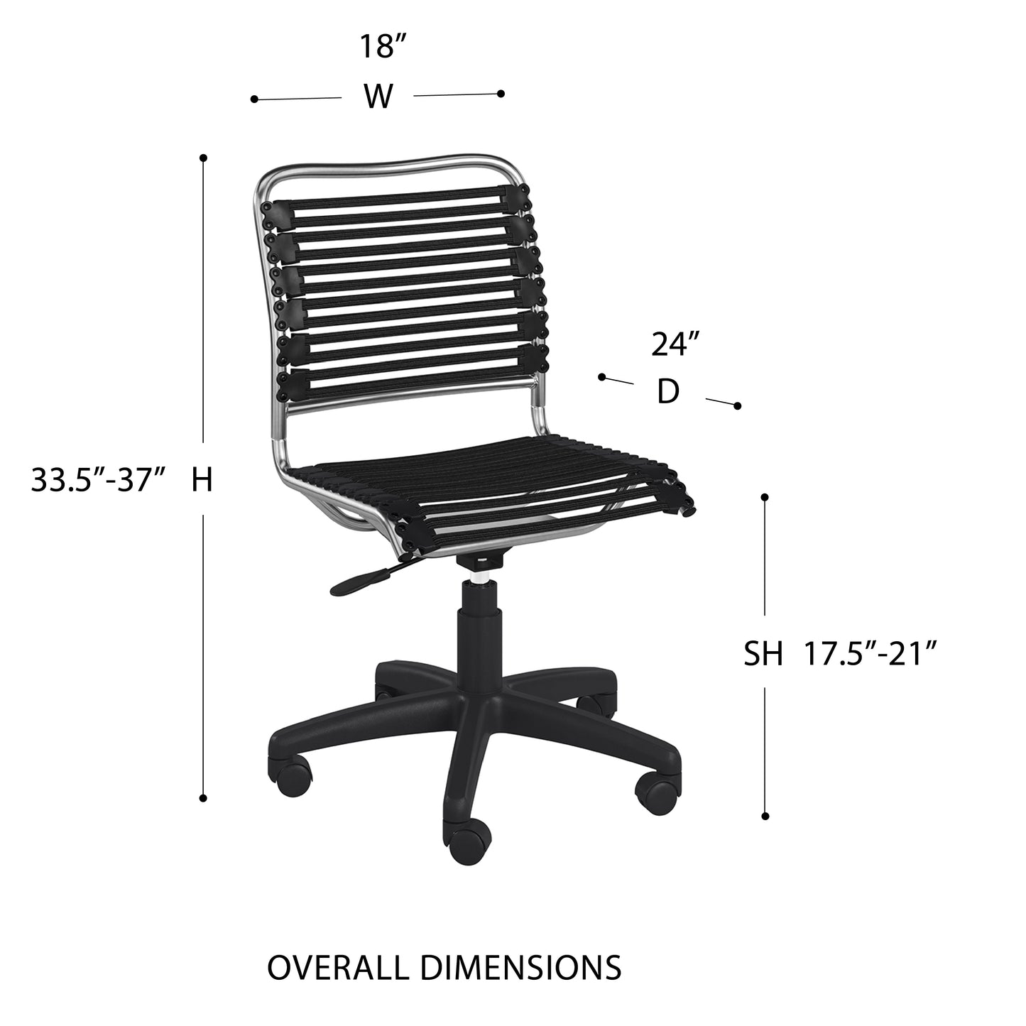 Allison Bungie Flat Low Back Office Chair in Black with Aluminum Frame Finish and Black Base