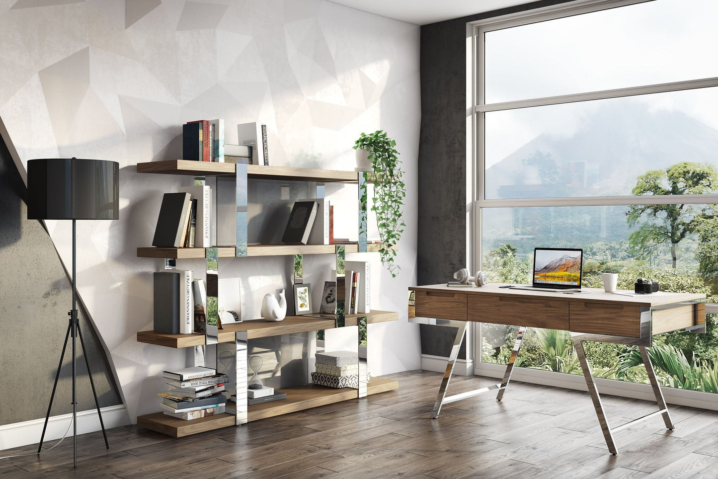 Brewer Walnut Bookshelf with Glass Panels and Stainless Steel Frame
