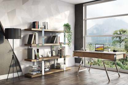 Brewer Walnut Bookshelf with Glass Panels and Stainless Steel Frame