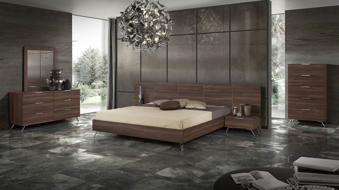 Brooklyn Italian Walnut Platform Bed with Elongated Headboard and Stainless Steel Legs