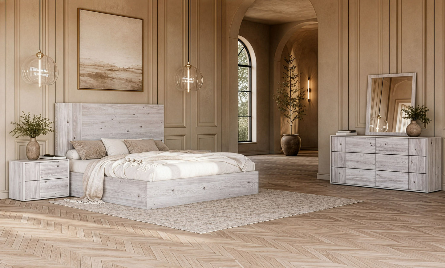 Asus Italian Matte White Washed Oak Platform Bed with Slatted Base
