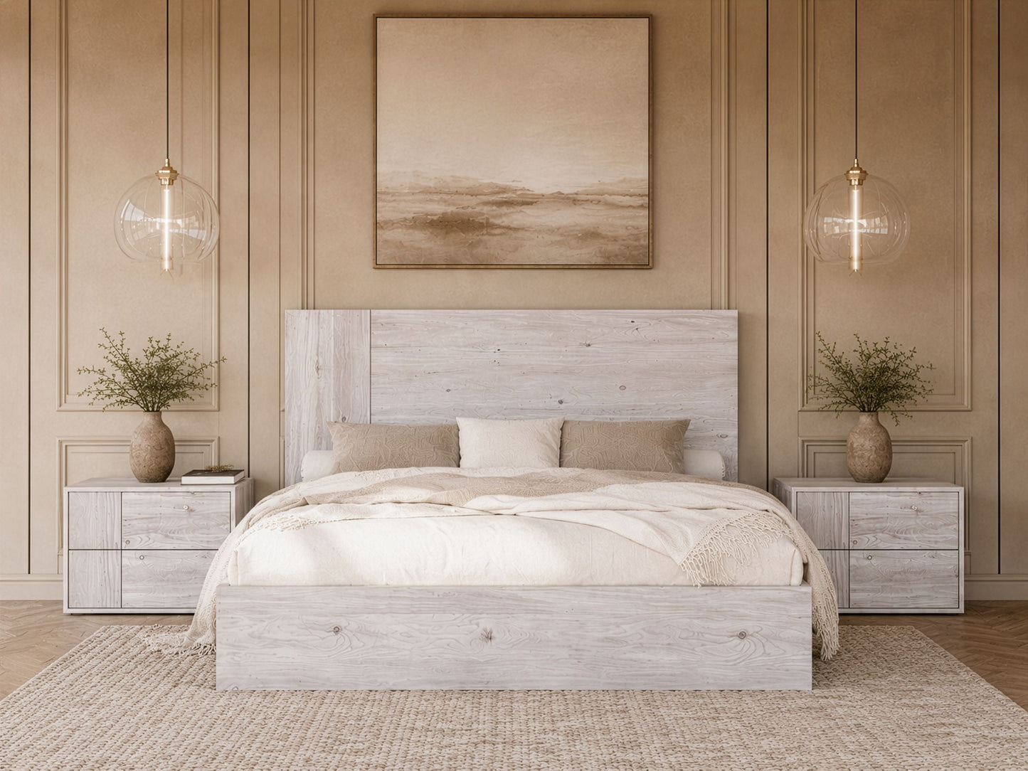 Asus Italian Matte White Washed Oak Platform Bed with Slatted Base