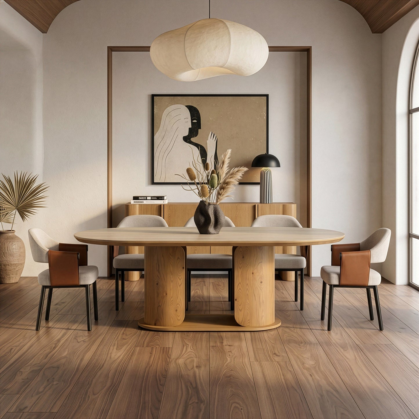 Walbrook Modern Faux Travertine Ceramic White Oak Oval Dining Table