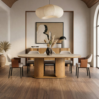 Walbrook Modern Faux Travertine Ceramic White Oak Oval Dining Table