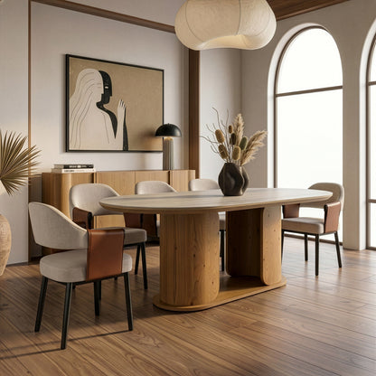 Walbrook Modern Faux Travertine Ceramic White Oak Oval Dining Table