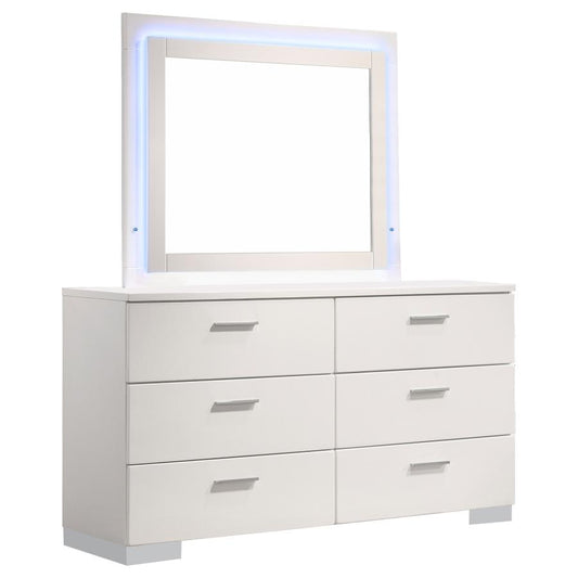 Felicity 6-Drawer Dresser with LED Mirror White High Gloss - Sleek and Stylish Bedroom Storage with Modern Lighting